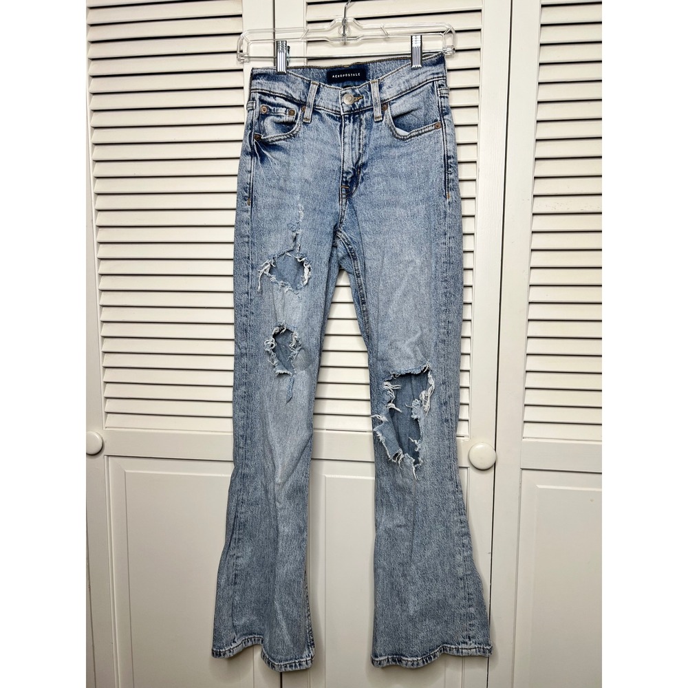 Aéropostale High Rise Flare Jeans Heavy Distressed Light Wash Size 000R